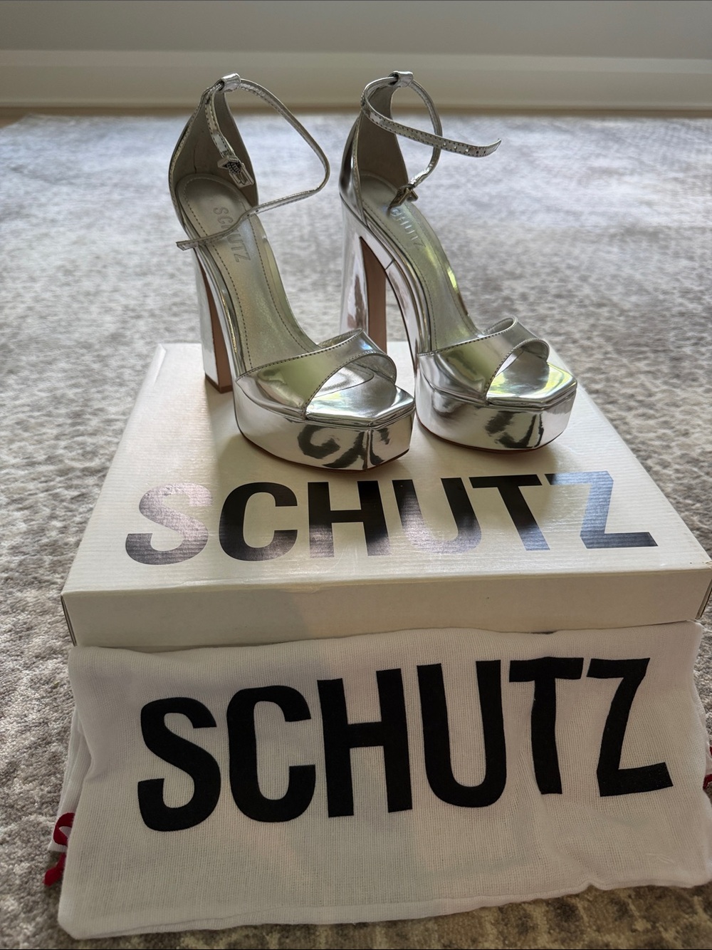 SCHUTZ Silver Metallic Platform Ankle-Strap Heels